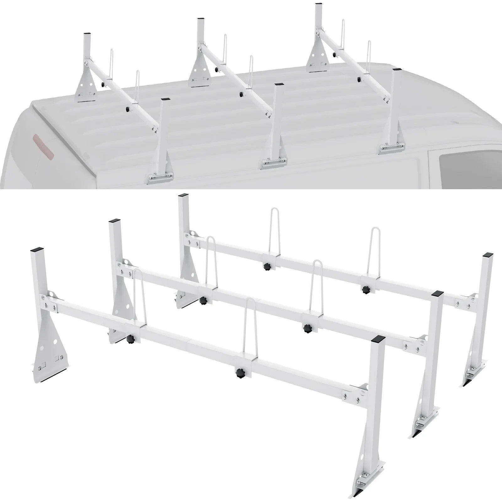 VEVOR Trailer Ladder Rack, 59" Adjustable Roof Rack, 3 Crossbars Van Roof Ladder Rack with Straps, 800 lbs Capacity Steel, Fit for Chevrolet Express 1500 2500 3500/ Ford E150 E250 E350/ GMC Savana 