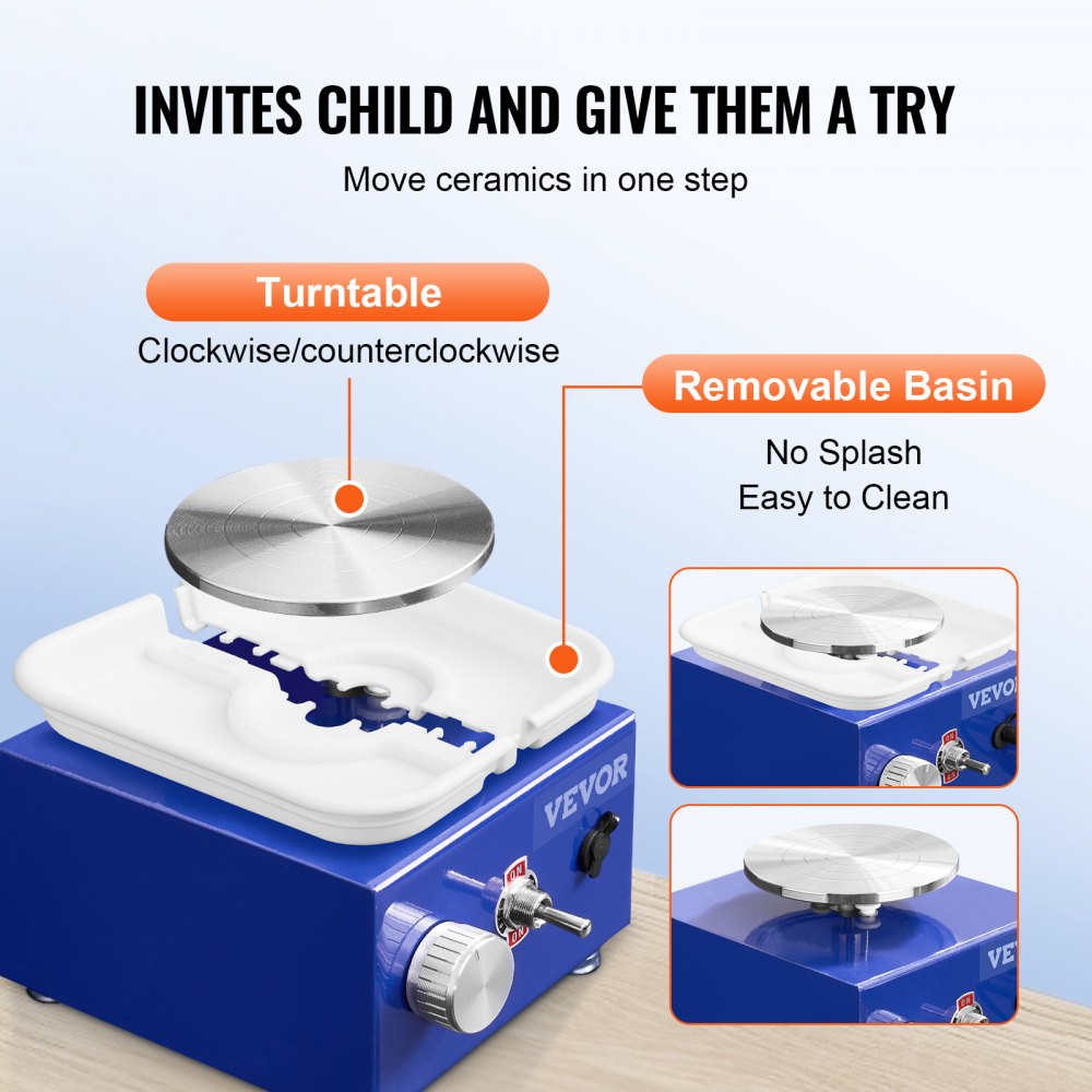 VEVOR Mini Pottery Wheel, 2 Turntables 2.6in / 3.9in Ceramic Wheel Forming Machine, Adjustable 0-300RPM Speed ABS Detachable Basin, Sculpting Tools Apron Accessory Kit for Work Art Craft DIY 