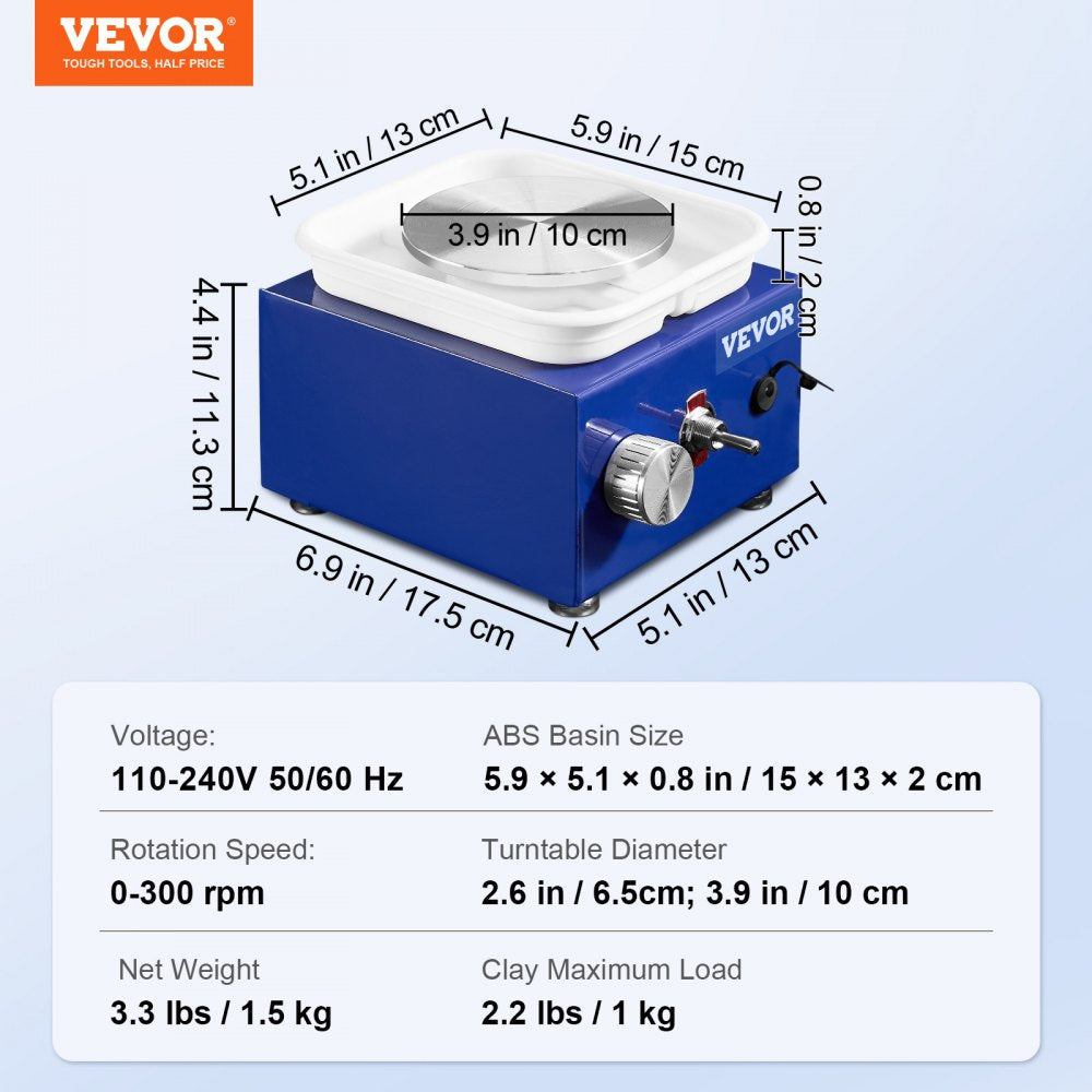 VEVOR Mini Pottery Wheel, 2 Turntables 2.6in / 3.9in Ceramic Wheel Forming Machine, Adjustable 0-300RPM Speed ABS Detachable Basin, Sculpting Tools Apron Accessory Kit for Work Art Craft DIY 