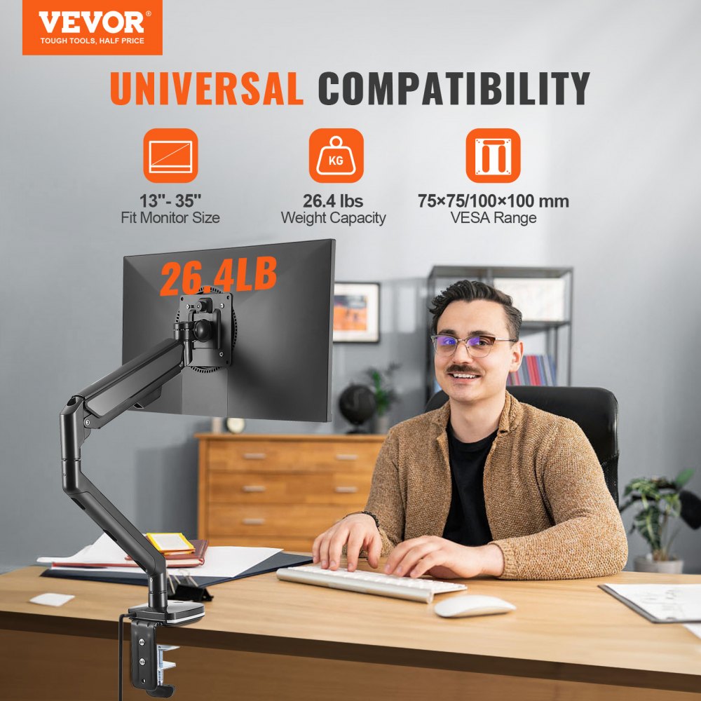 VEVOR Single Monitor Mount, Supports 13"-35" Screen, Fully Adjustable Gas Spring Monitor Arm, Holds up to 26.4 lbs, Computer Monitor Stand Holder with C-Clamp/Grommet Mounting Base, VESA Mount Bracket 
