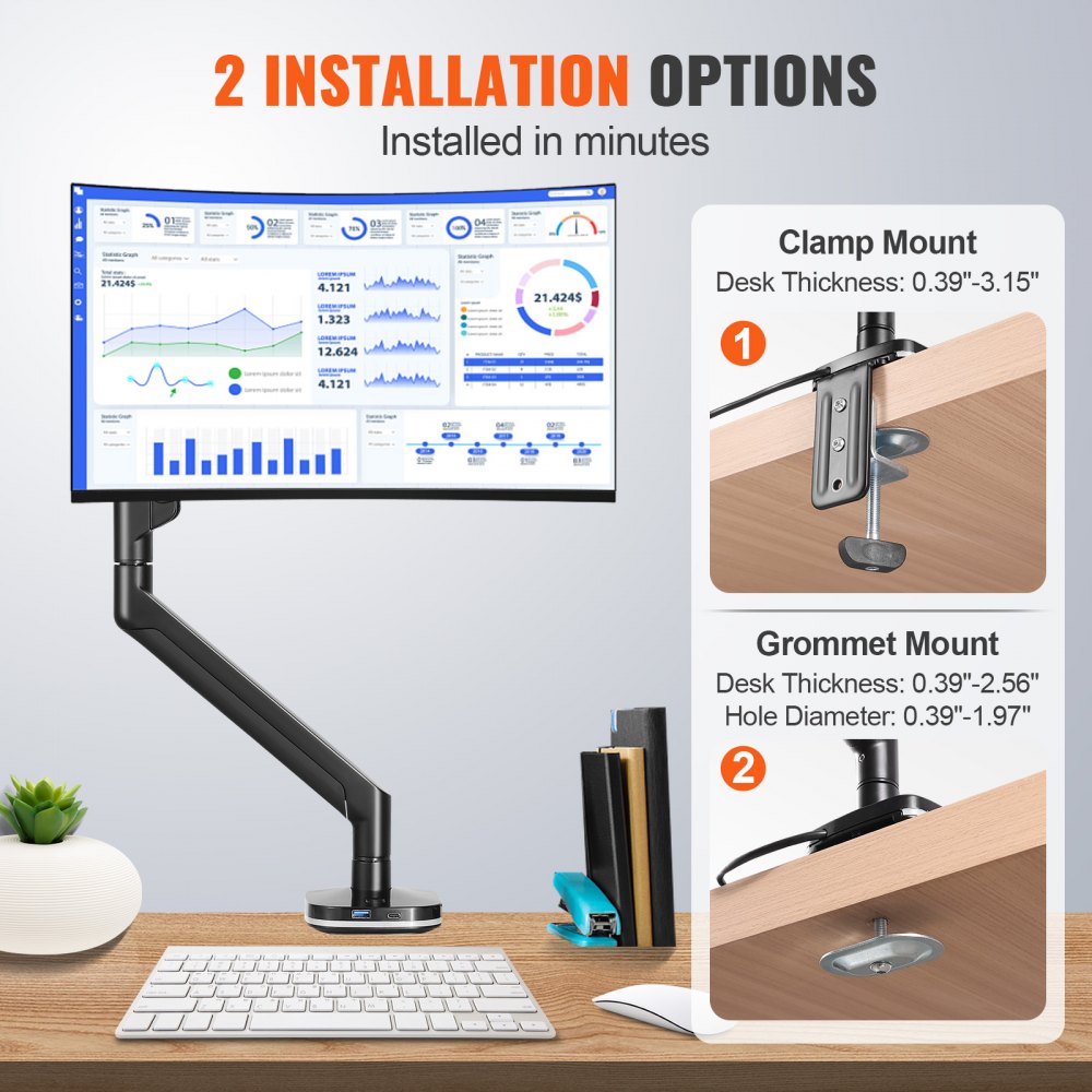 VEVOR Single Monitor Mount, Supports 13"-35" Screen, Fully Adjustable Gas Spring Monitor Arm, Holds up to 26.4 lbs, Computer Monitor Stand Holder with C-Clamp/Grommet Mounting Base, VESA Mount Bracket 