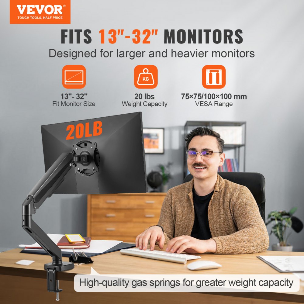 VEVOR Single Monitor Mount, Supports 13"-32" Screen, Fully Adjustable Gas Spring Monitor Arm, Holds up to 20 lbs, Computer Monitor Stand Holder with C-Clamp/Grommet Mounting Base, VESA Mount Bracket 