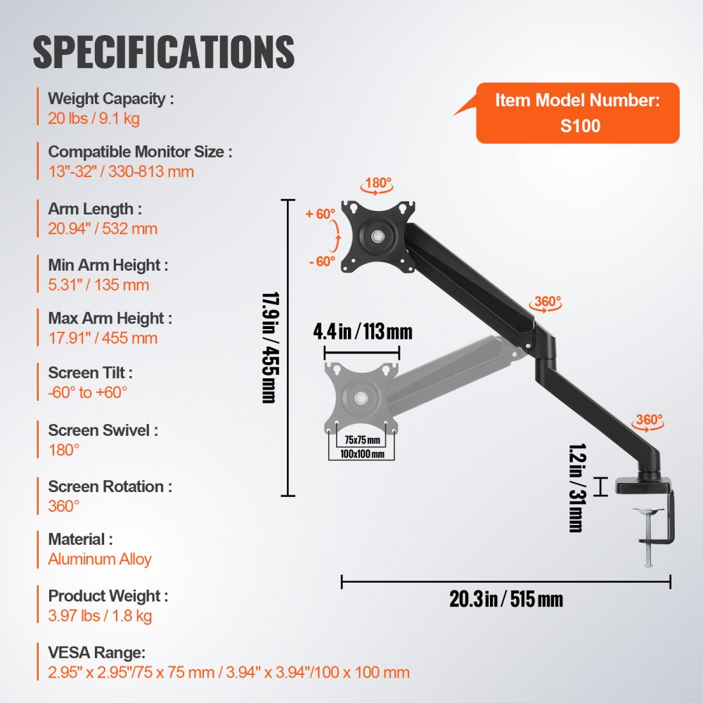 VEVOR Single Monitor Mount, Supports 13"-32" Screen, Fully Adjustable Gas Spring Monitor Arm, Holds up to 20 lbs, Computer Monitor Stand Holder with C-Clamp/Grommet Mounting Base, VESA Mount Bracket 