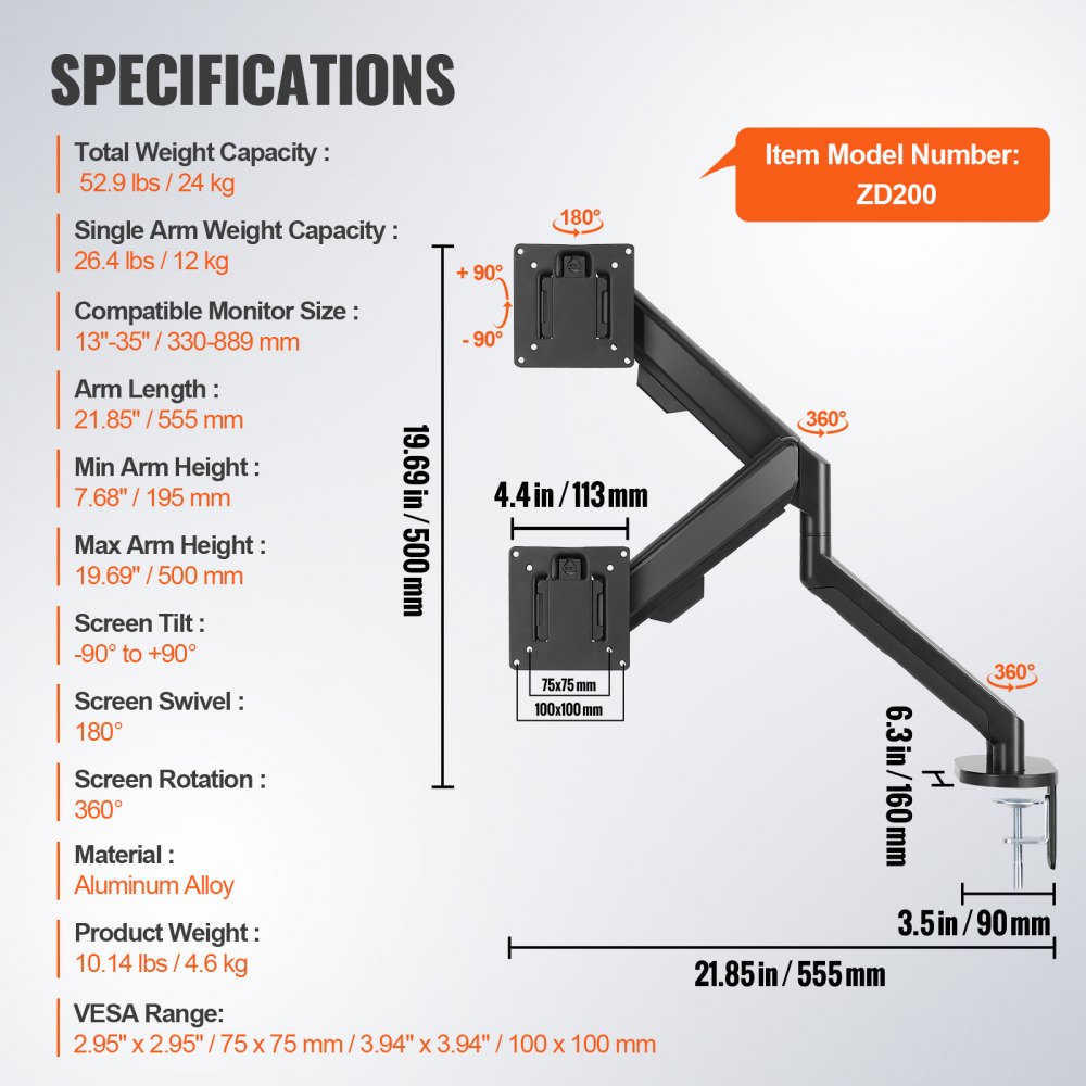 VEVOR Dual Monitor Mount, Supports 13"-35" Screens, Fully Adjustable Gas Spring Monitor Arm, Holds up to 26.4 lbs per Arm, Computer Stand Holder with C-Clamp/Grommet Mounting Base, VESA Mount Bracket 