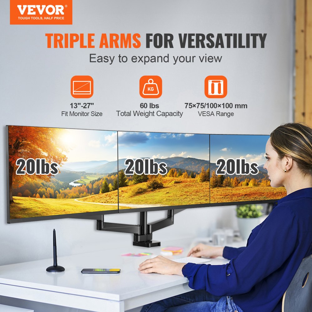 VEVOR Triple Monitor Mount, Supports 13"-27" Screens, Fully Adjustable Gas Spring Monitor Arm, Holds up to 20 lbs per Arm, Computer Stand Holder with C-Clamp/Grommet Mounting Base, VESA Mount Bracket 