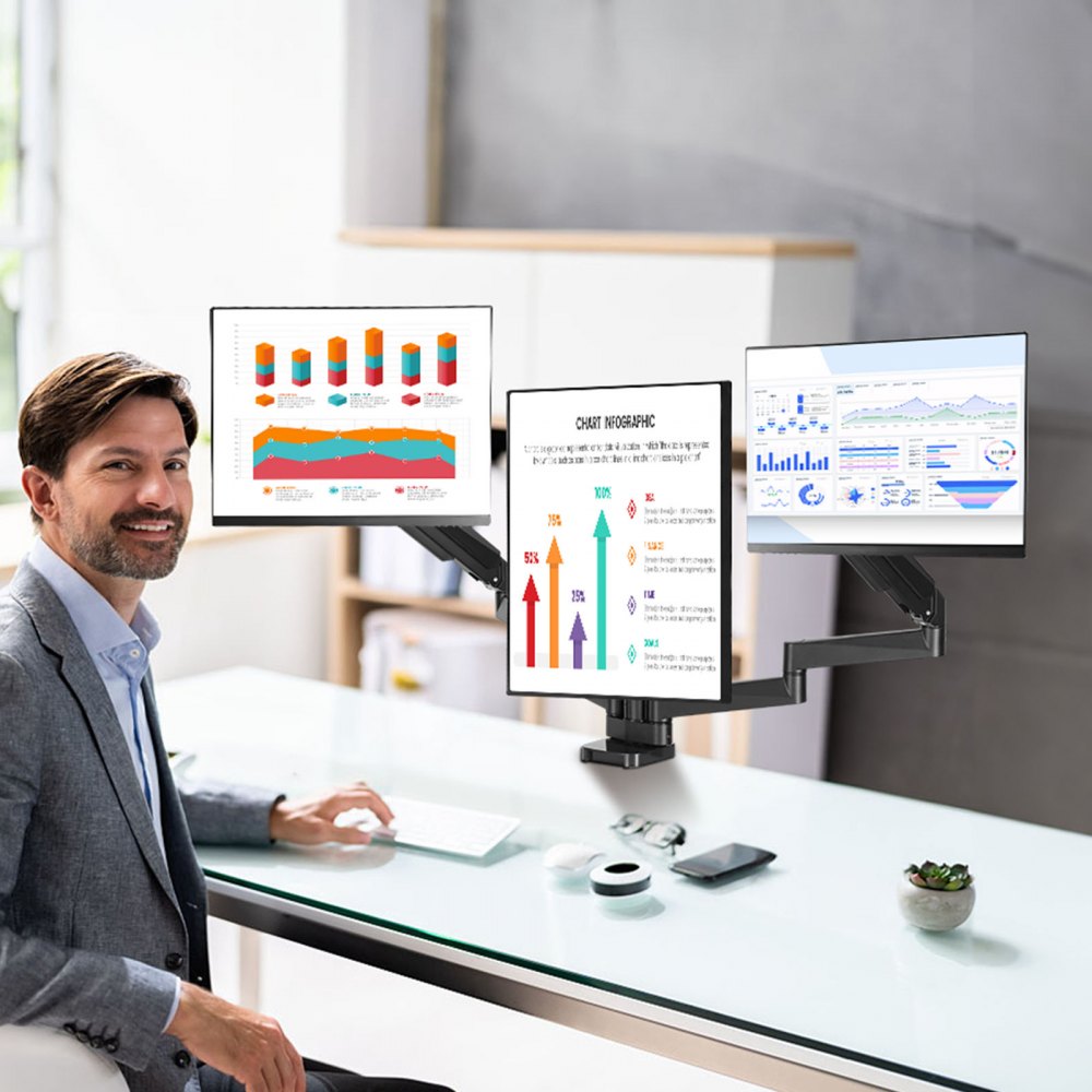 VEVOR Triple Monitor Mount, Supports 13"-27" Screens, Fully Adjustable Gas Spring Monitor Arm, Holds up to 20 lbs per Arm, Computer Stand Holder with C-Clamp/Grommet Mounting Base, VESA Mount Bracket 