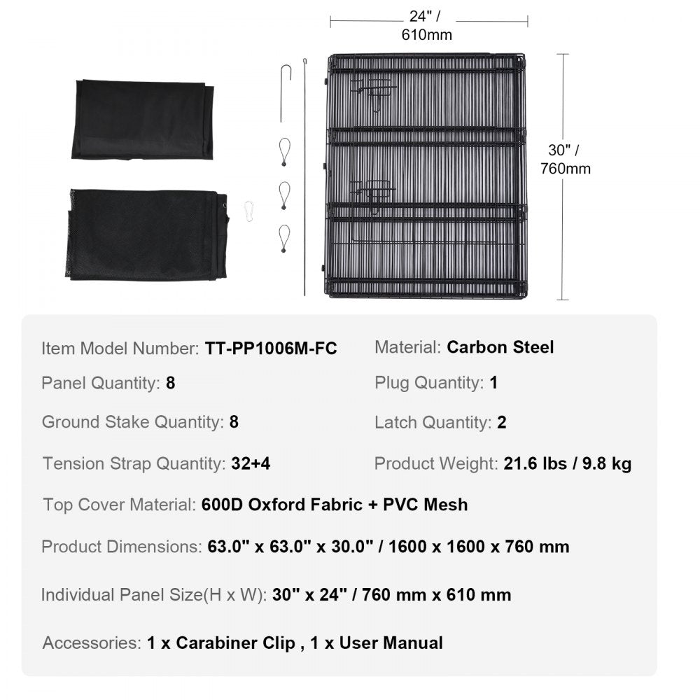 VEVOR Dog Playpen 8 Panels Foldable Metal Dog Exercise Pen with Pad Cover 30"H 