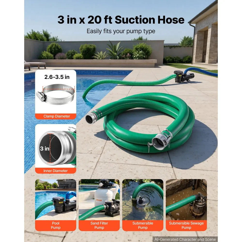 3" x 20 ft Heavy-Duty PVC Suction Hose Assembly with Cam & Groove Fittings – 60 PSI Water Pump Hose