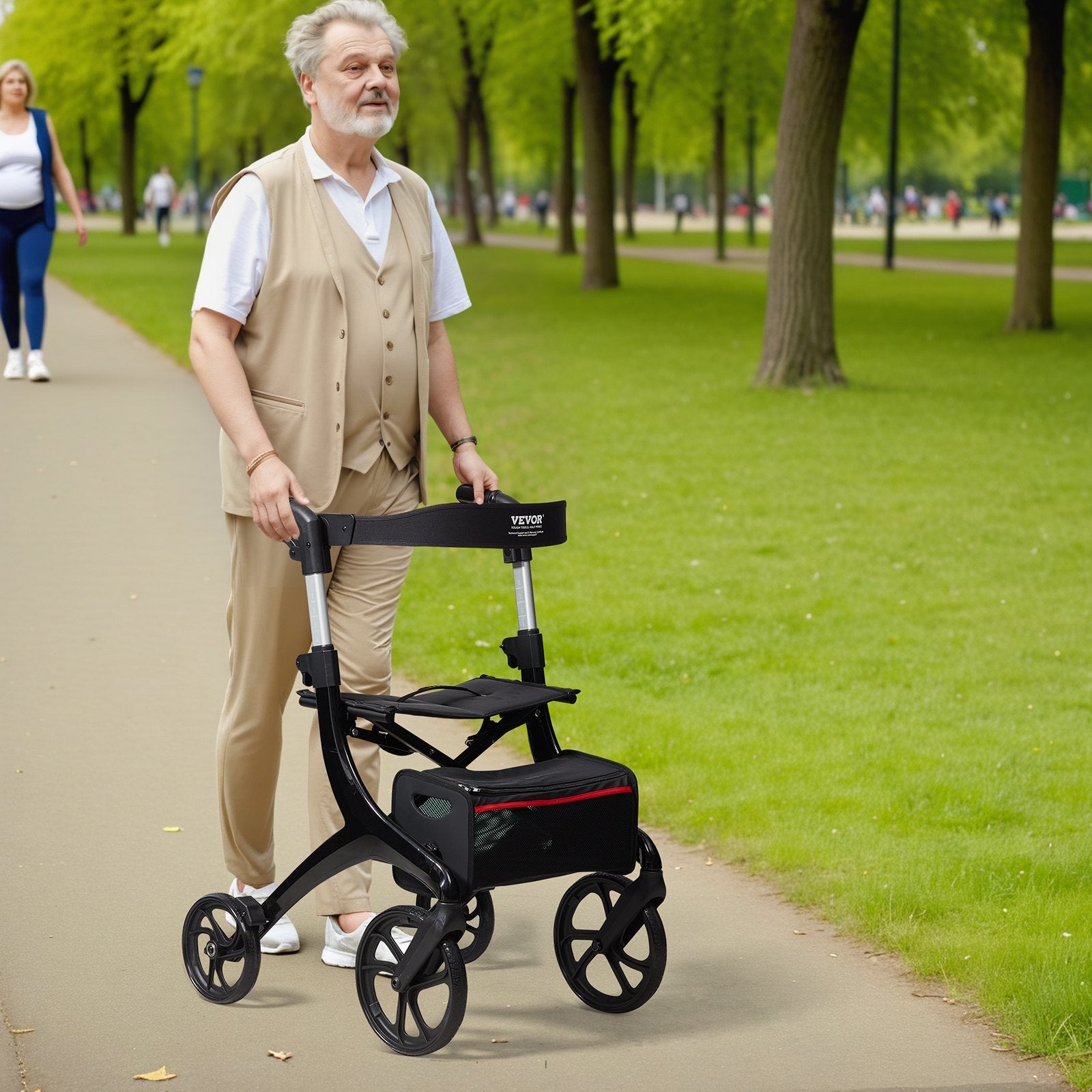 VEVOR Folding Rollator Walker for Seniors and Adults, Lightweight Aluminum Rolling Walker with Seat and Adjustable Handle, 4-Wheel Outdoor Mobility Walker with Spacious Storage Bag, 300LBS Capacity 