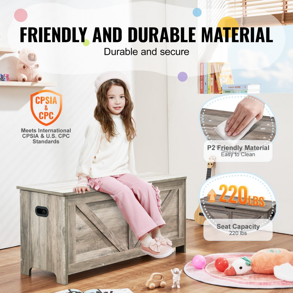 VEVOR Kids Toy Storage Bench Wooden Toy Box Chest 38.98 x 15.55 x 18.9 in Gray 