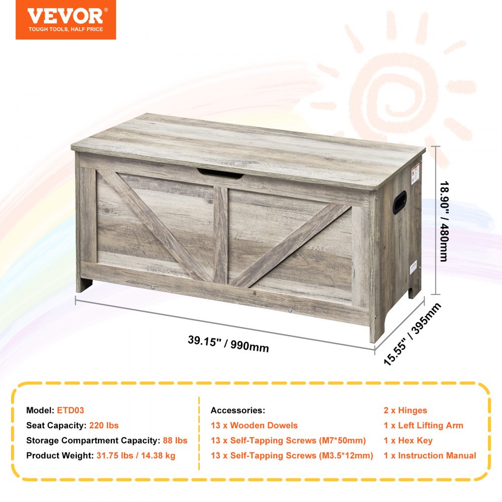 VEVOR Kids Toy Storage Bench Wooden Toy Box Chest 38.98 x 15.55 x 18.9 in Gray 