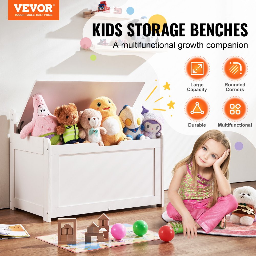VEVOR Kids Toy Storage Bench Wooden Toy Box Chest 32.68 x 17.91 x 24.02" White 