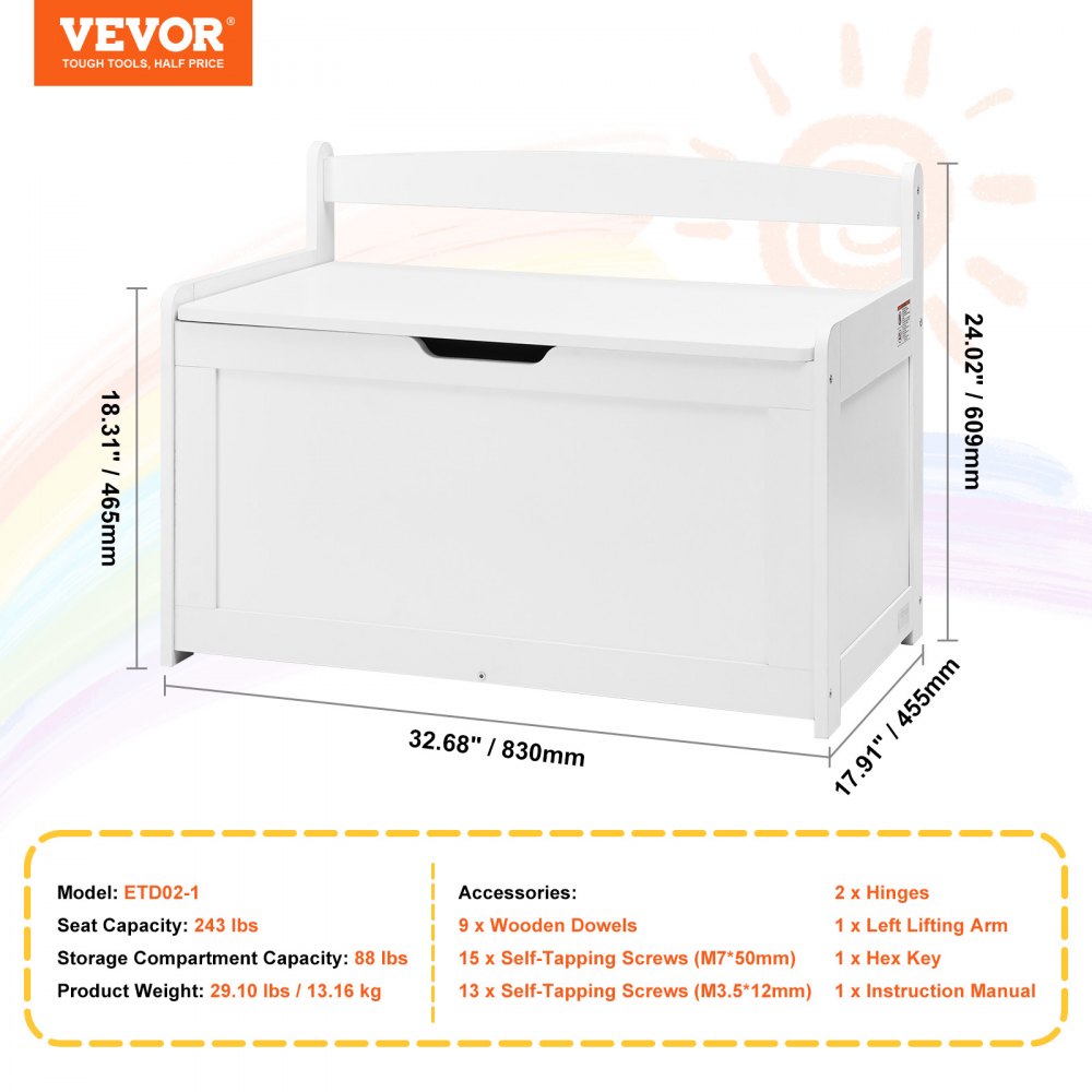 VEVOR Kids Toy Storage Bench Wooden Toy Box Chest 32.68 x 17.91 x 24.02" White 