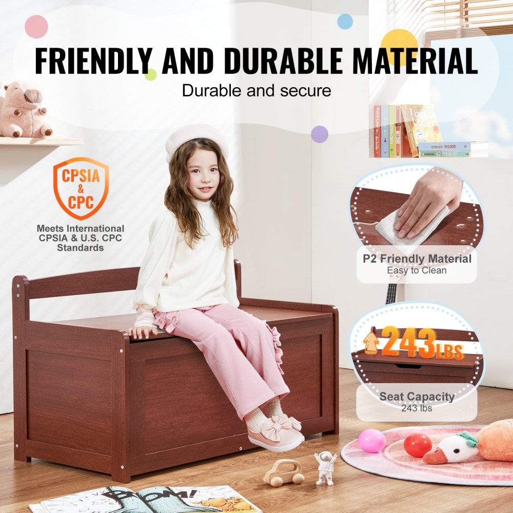 VEVOR Kids Toy Storage Bench Wooden Toy Box Chest 32.68 x 17.91 x 24.02" Cherry 
