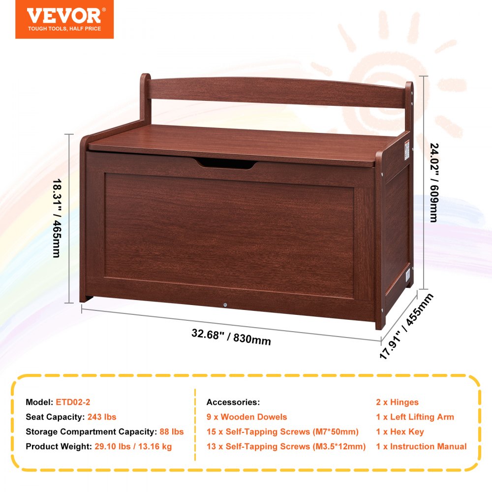 VEVOR Kids Toy Storage Bench Wooden Toy Box Chest 32.68 x 17.91 x 24.02" Cherry 