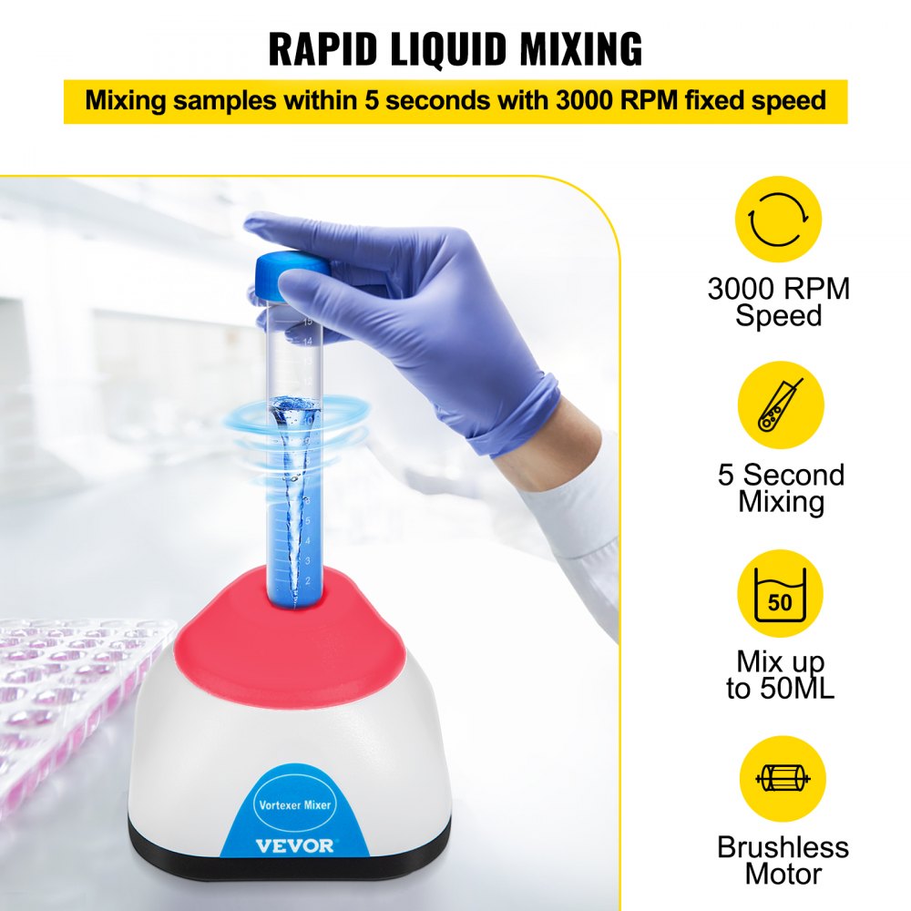 VEVOR Vortex Mixer, 3000RPM Mini Vortex Mixer Shaker, Touch Function Scientific Lab Vortex Shaker, Mix Up to 50ML, 6mm Orbital Diameter for Test Tube, Tattoo Ink, Nail Polish, Eyelash Adhesives, Paint 