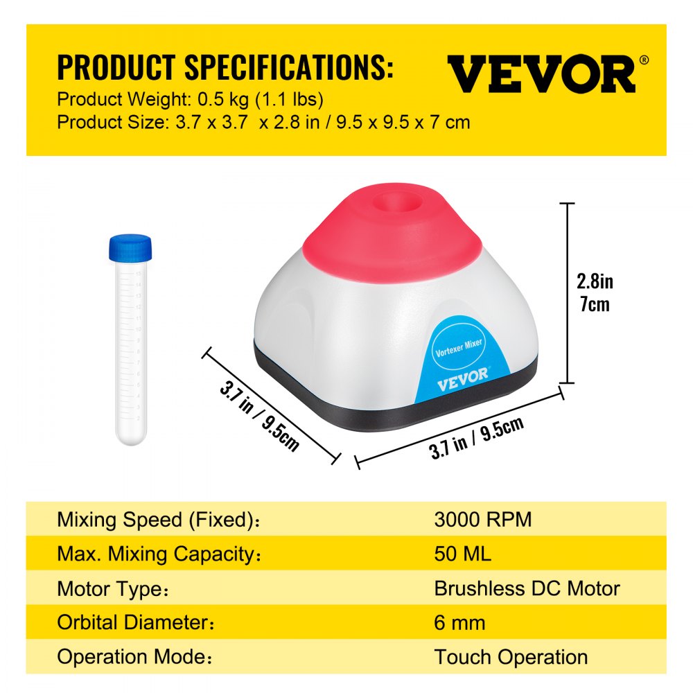 VEVOR Vortex Mixer, 3000RPM Mini Vortex Mixer Shaker, Touch Function Scientific Lab Vortex Shaker, Mix Up to 50ML, 6mm Orbital Diameter for Test Tube, Tattoo Ink, Nail Polish, Eyelash Adhesives, Paint 