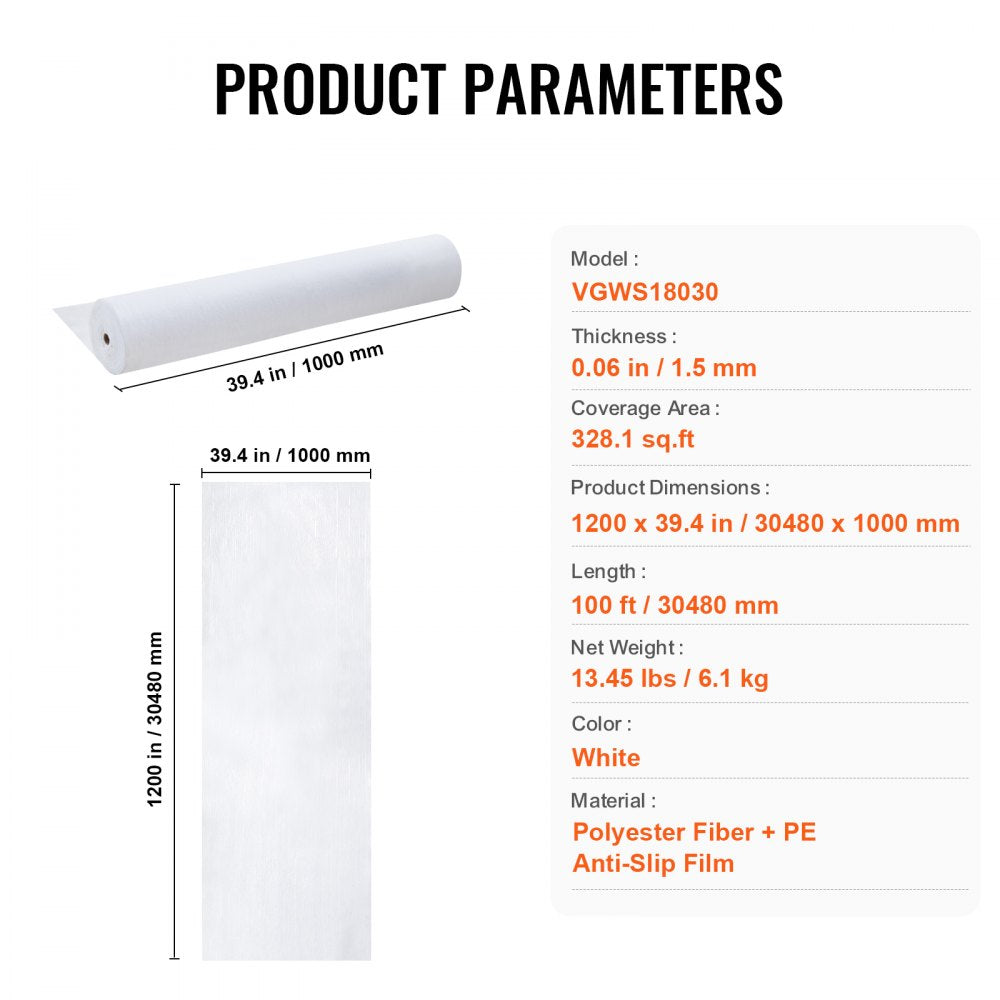 VEVOR Carpet Protection Film, 39" x 100' Floor and Surface Shield, Easy to Cut Simple Installation, Fiber Fabric Car Mat Protection Film Roll for Construction & Renovation,White 