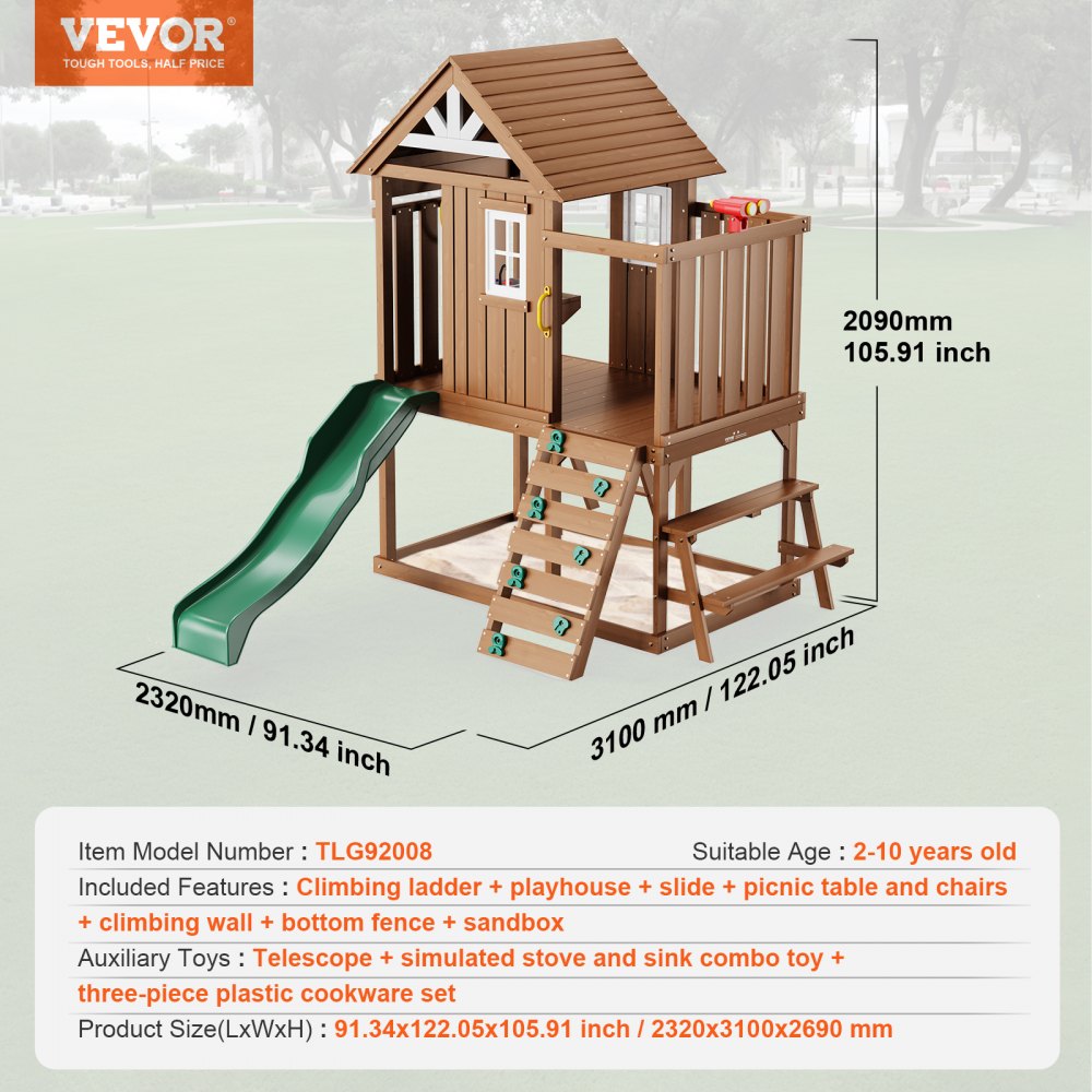 VEVOR Outdoor Wooden Playhouse Kids Garden Game Cottage with Slide Ladder Window 