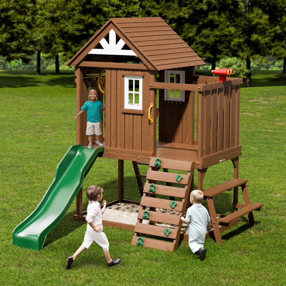 VEVOR Outdoor Wooden Playhouse Kids Garden Game Cottage with Slide Ladder Window 