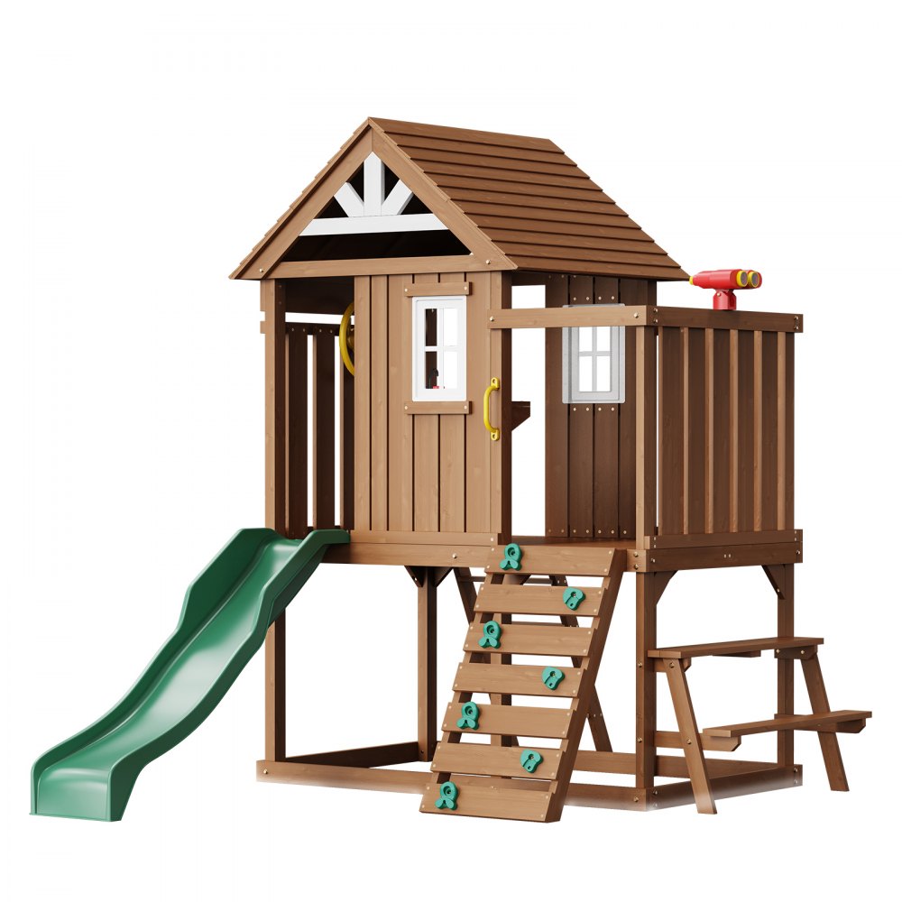 VEVOR Outdoor Wooden Playhouse Kids Garden Game Cottage with Slide Ladder Window 