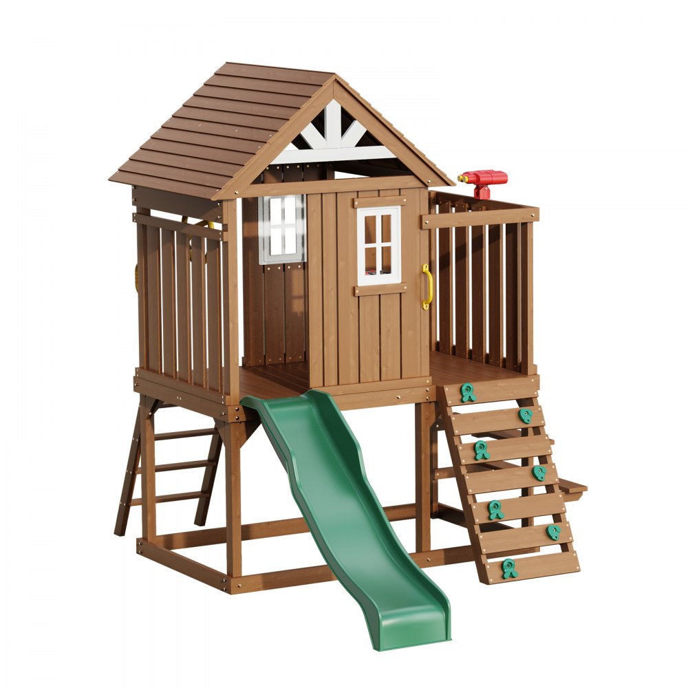 VEVOR Outdoor Wooden Playhouse Kids Garden Game Cottage with Slide Ladder Window 