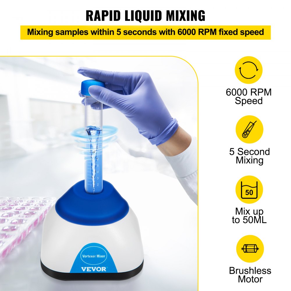 VEVOR Vortex Mixer, 6000RPM Mini Vortex Mixer Shaker, Touch Function Scientific Lab Vortex Shaker, Mix Up to 50ML, 6mm Orbital Diameter for Test Tube, Tattoo Ink, Nail Polish, Eyelash Adhesives, Paint 