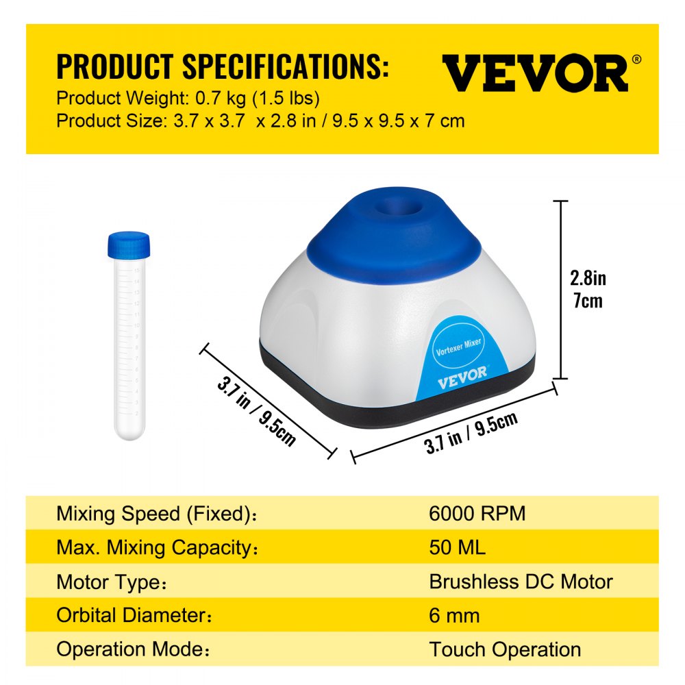VEVOR Vortex Mixer, 6000RPM Mini Vortex Mixer Shaker, Touch Function Scientific Lab Vortex Shaker, Mix Up to 50ML, 6mm Orbital Diameter for Test Tube, Tattoo Ink, Nail Polish, Eyelash Adhesives, Paint 