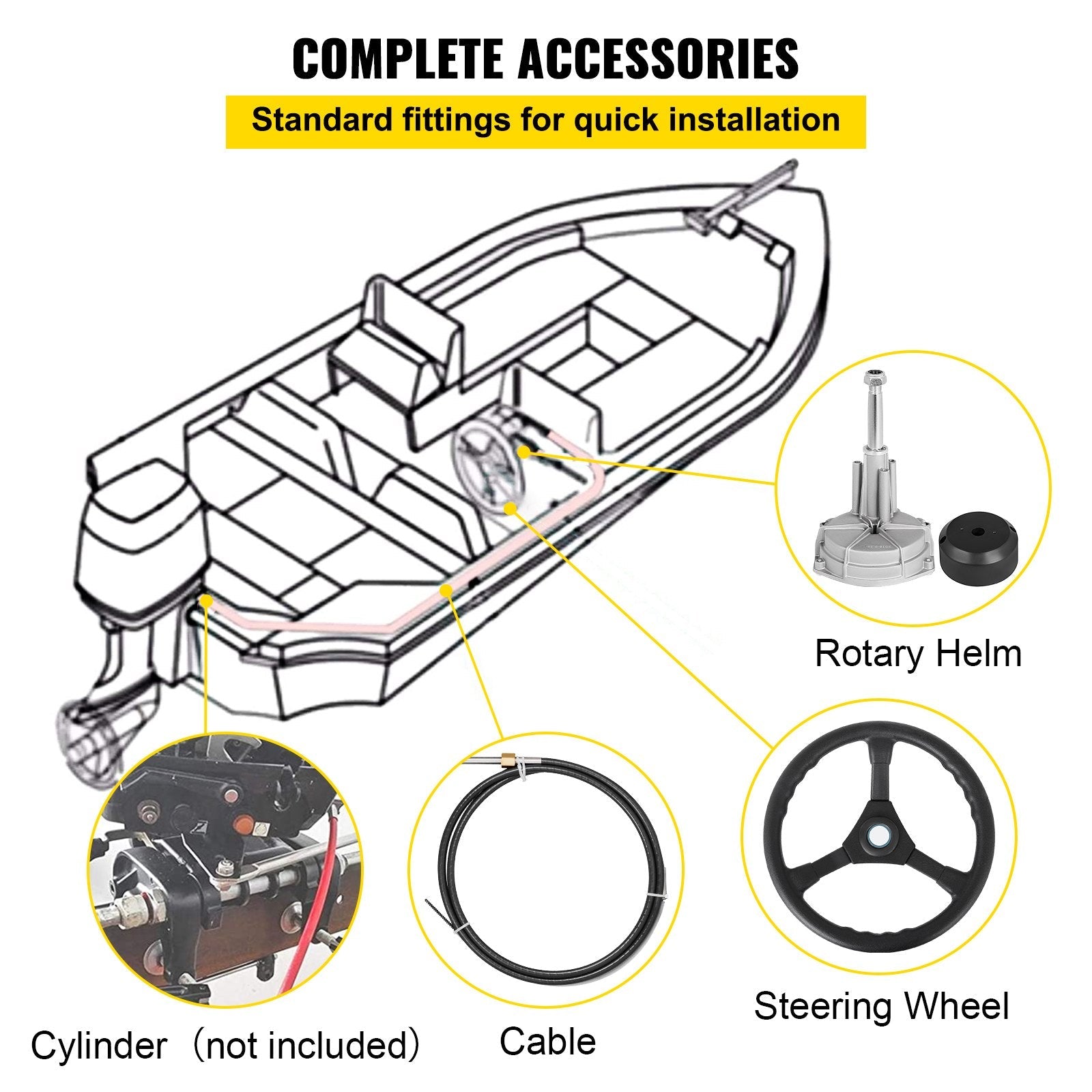 VEVOR Outboard Steering System 10' Steering Cable Marine Steering System 3/4'' Steering Shaft with 13.5 Inch Wheel Flat Interface Marine Steering Kit for Yachts and Waterborne Vehicles 