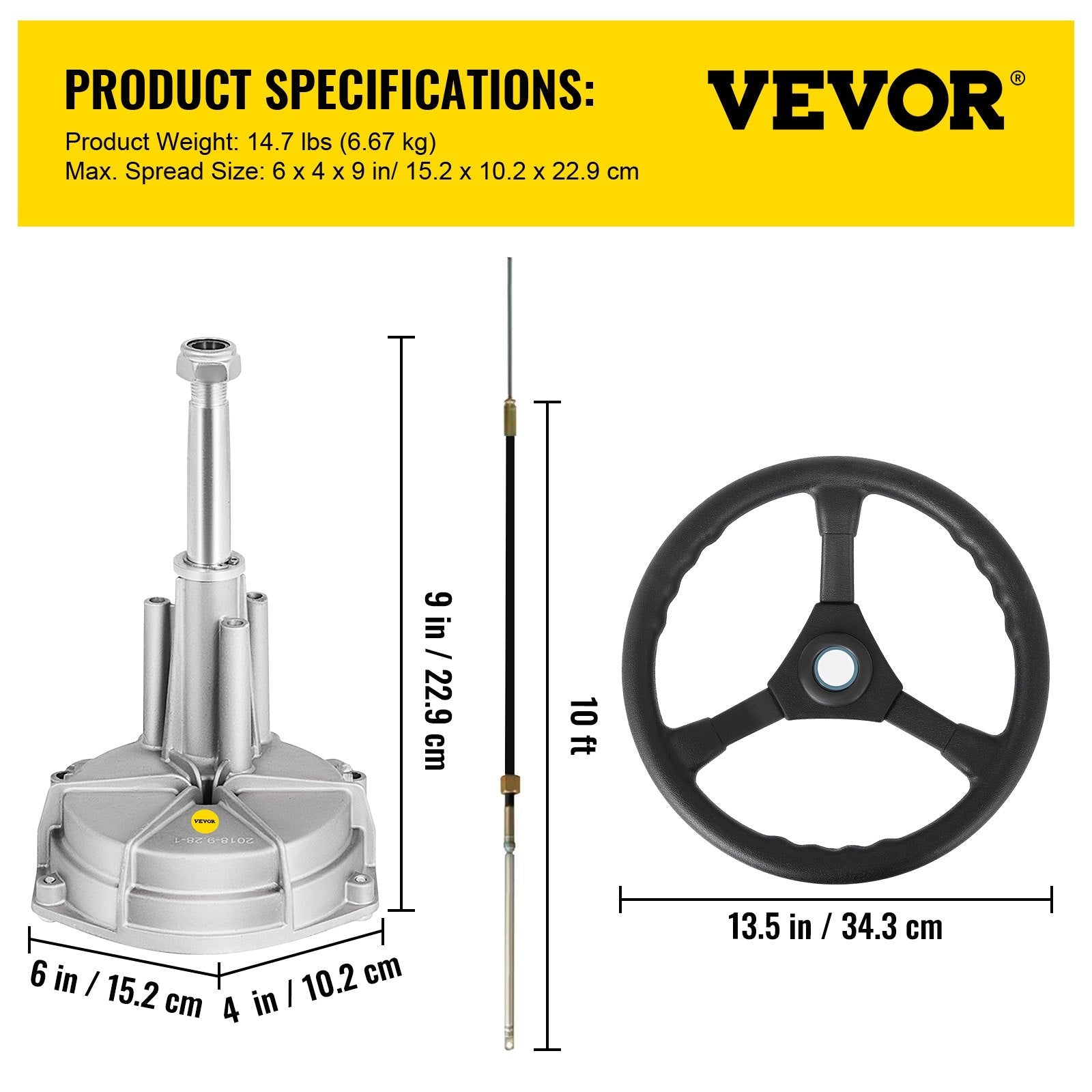 VEVOR Outboard Steering System 10' Steering Cable Marine Steering System 3/4'' Steering Shaft with 13.5 Inch Wheel Flat Interface Marine Steering Kit for Yachts and Waterborne Vehicles 