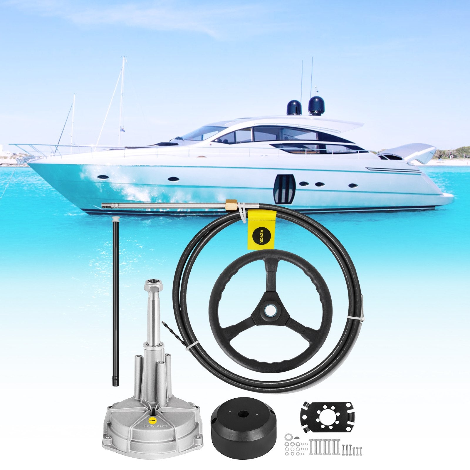 VEVOR Outboard Steering System 10' Steering Cable Marine Steering System 3/4'' Steering Shaft with 13.5 Inch Wheel Flat Interface Marine Steering Kit for Yachts and Waterborne Vehicles 