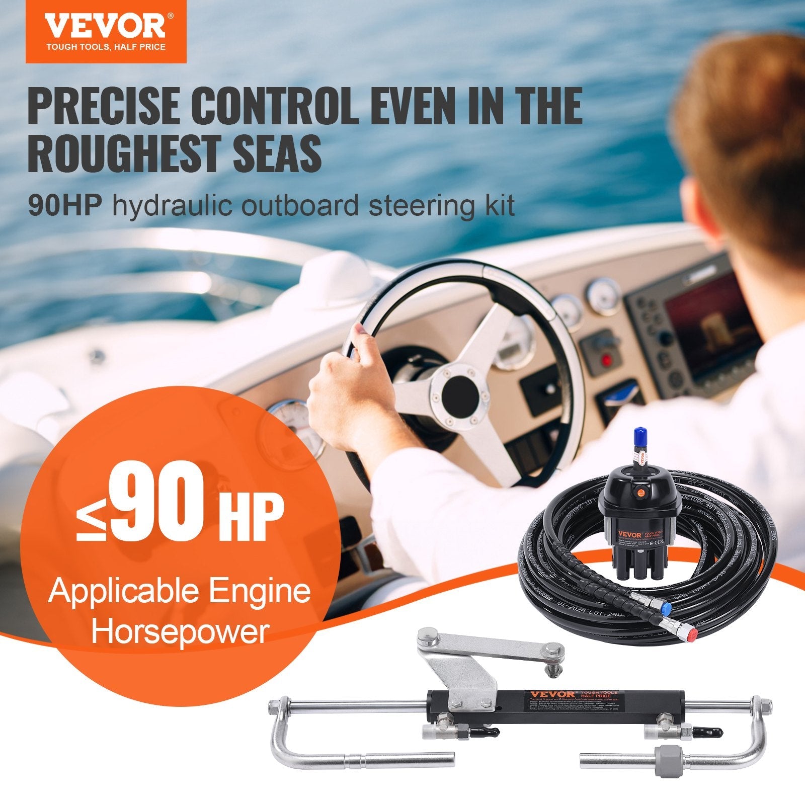 VEVOR Hydraulic Steering Kit 90HP Hydraulic Outboard Steering Kit with Helm Pump Cylinder Marine Steering System Kit 