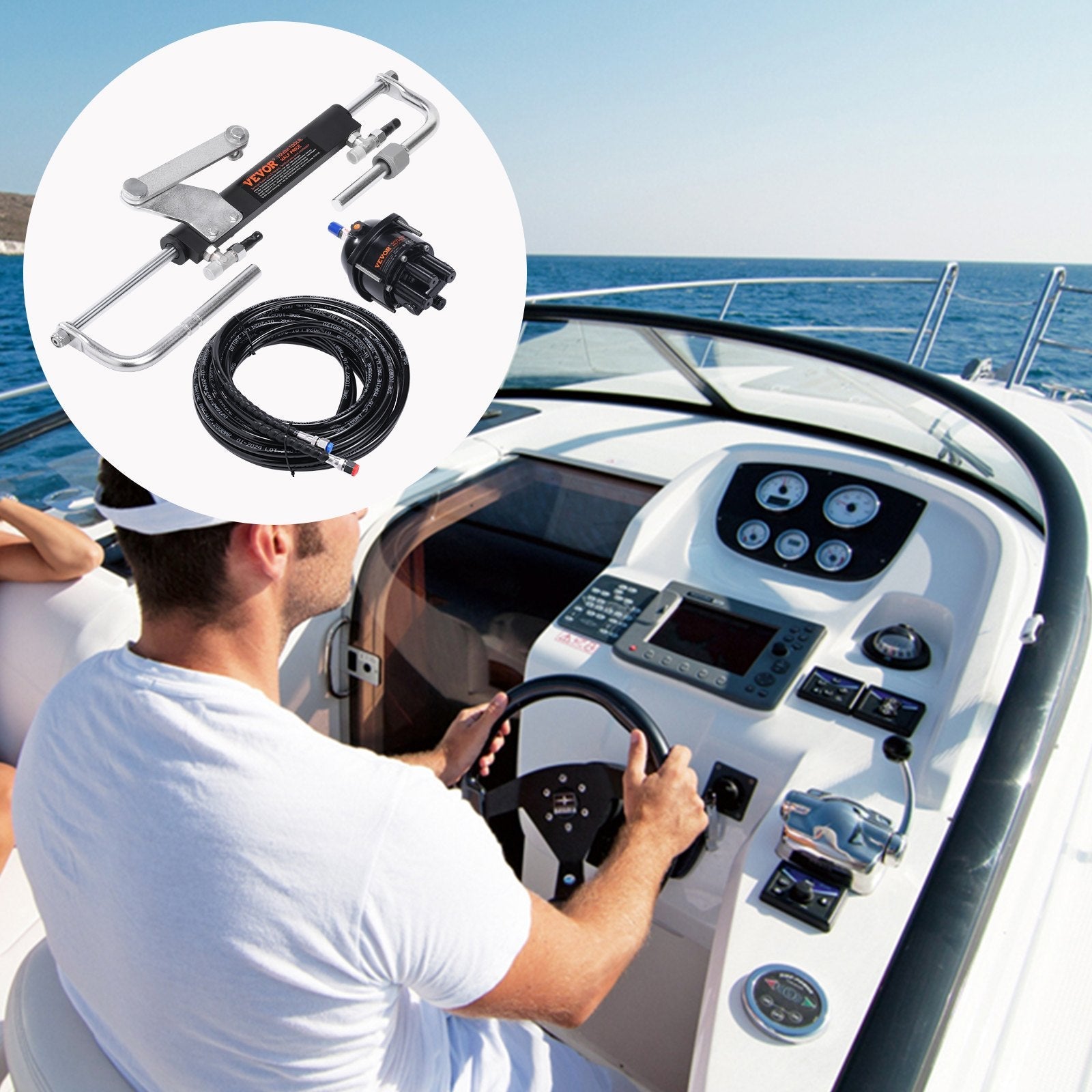 VEVOR Hydraulic Steering Kit 90HP Hydraulic Outboard Steering Kit with Helm Pump Cylinder Marine Steering System Kit 