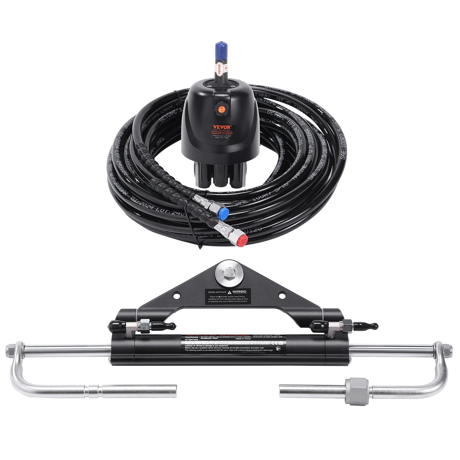 VEVOR Hydraulic Outboard Steering Kit, 150HP, Marine Boat Hydraulic Steering System, with Helm Pump Two-Way Lock Cylinder and 26 Feet Hydraulic Steering Hose, for Single Station Single-Engine Boats 