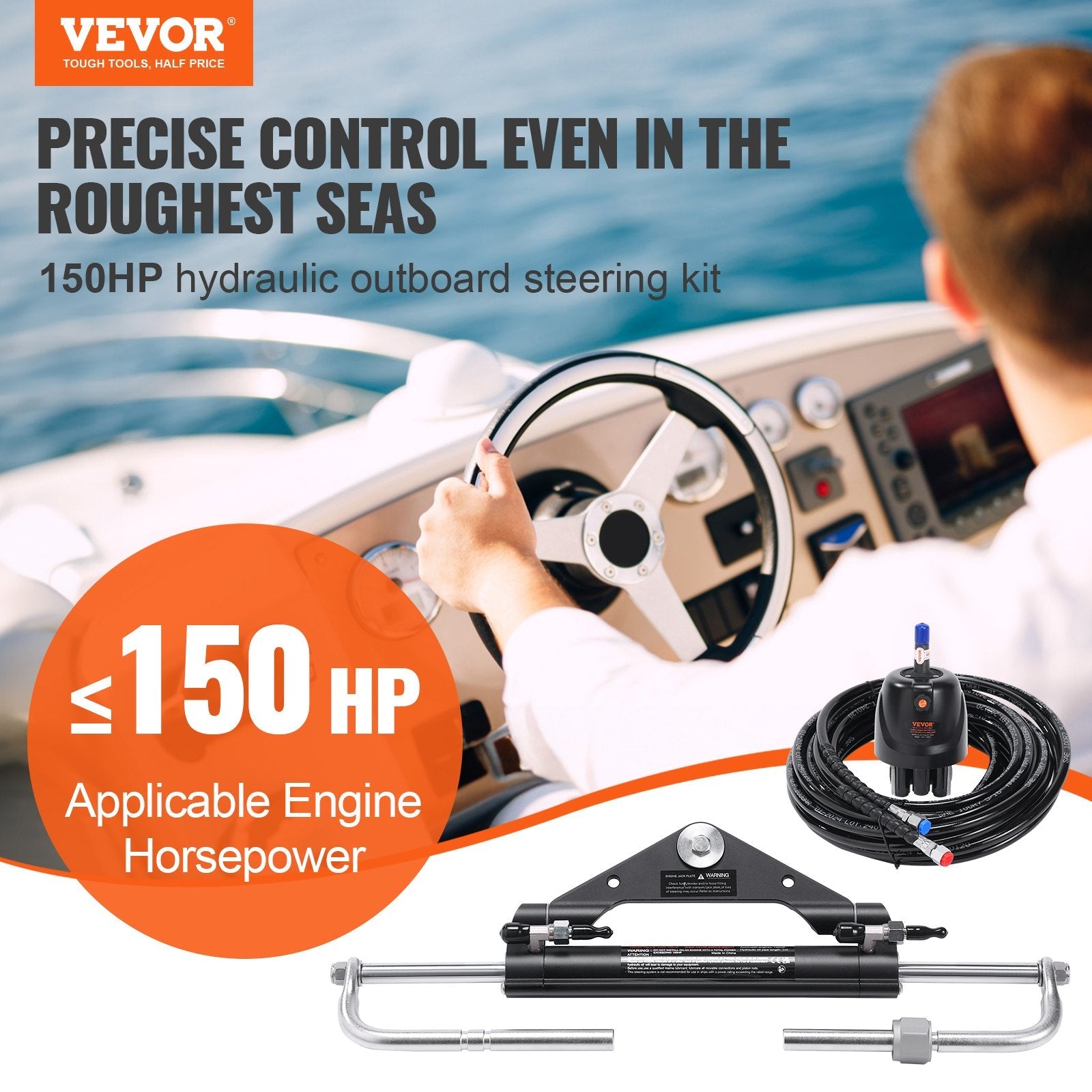 VEVOR Hydraulic Outboard Steering Kit, 150HP, Marine Boat Hydraulic Steering System, with Helm Pump Two-Way Lock Cylinder and 24 Feet Hydraulic Steering Hose, for Single Station Single-Engine Boats 