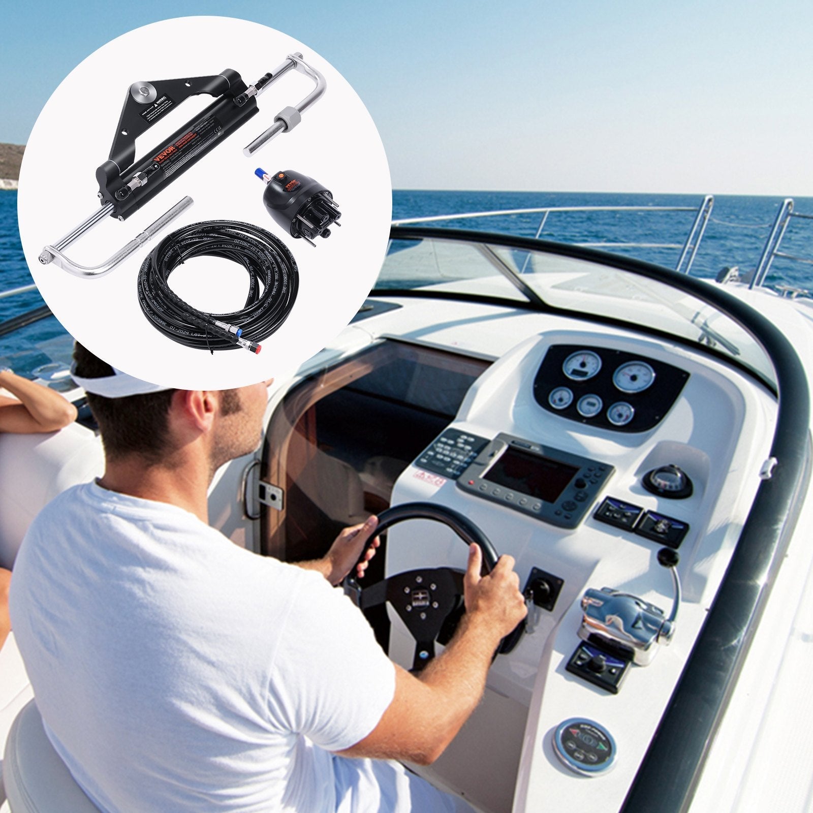 VEVOR Hydraulic Outboard Steering Kit, 150HP, Marine Boat Hydraulic Steering System, with Helm Pump Two-Way Lock Cylinder and 24 Feet Hydraulic Steering Hose, for Single Station Single-Engine Boats 