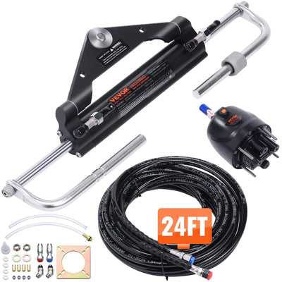 VEVOR Hydraulic Outboard Steering Kit, 150HP, Marine Boat Hydraulic Steering System, with Helm Pump Two-Way Lock Cylinder and 24 Feet Hydraulic Steering Hose, for Single Station Single-Engine Boats 
