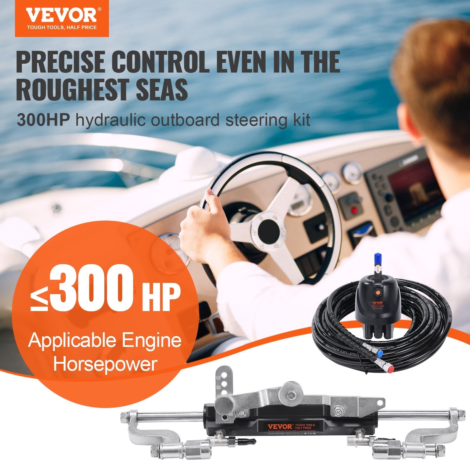 VEVOR Hydraulic Outboard Steering Kit, 300HP, Marine Boat Hydraulic Steering System, with Helm Pump Two-Way Lock Cylinder and 26 Feet Hydraulic Steering Hose, for Single Station Single-Engine Boats 