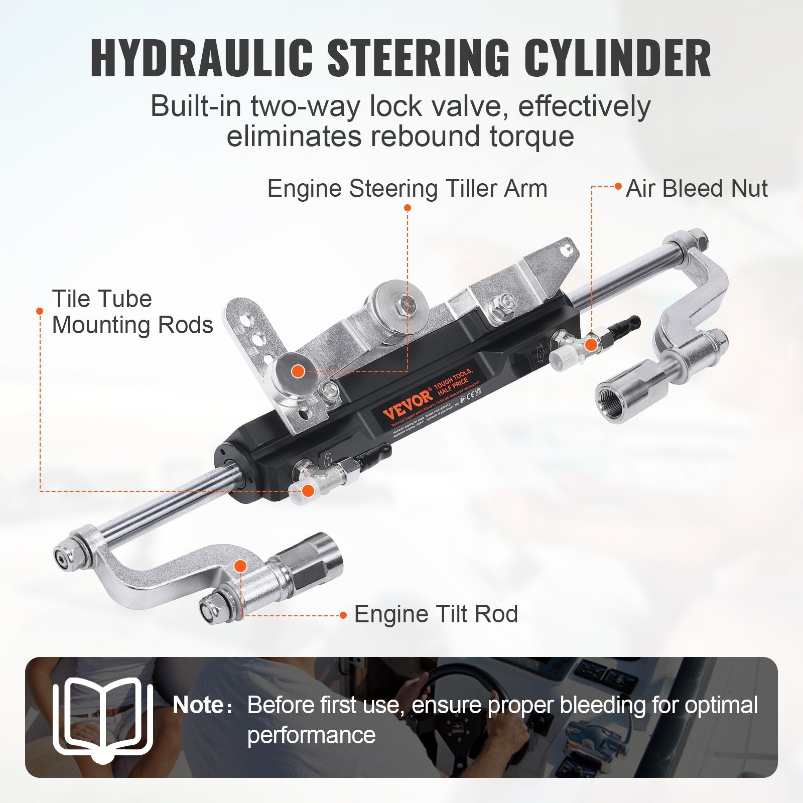 VEVOR Hydraulic Outboard Steering Kit, 300HP, Marine Boat Hydraulic Steering System, with Helm Pump Two-Way Lock Cylinder and 26 Feet Hydraulic Steering Hose, for Single Station Single-Engine Boats 