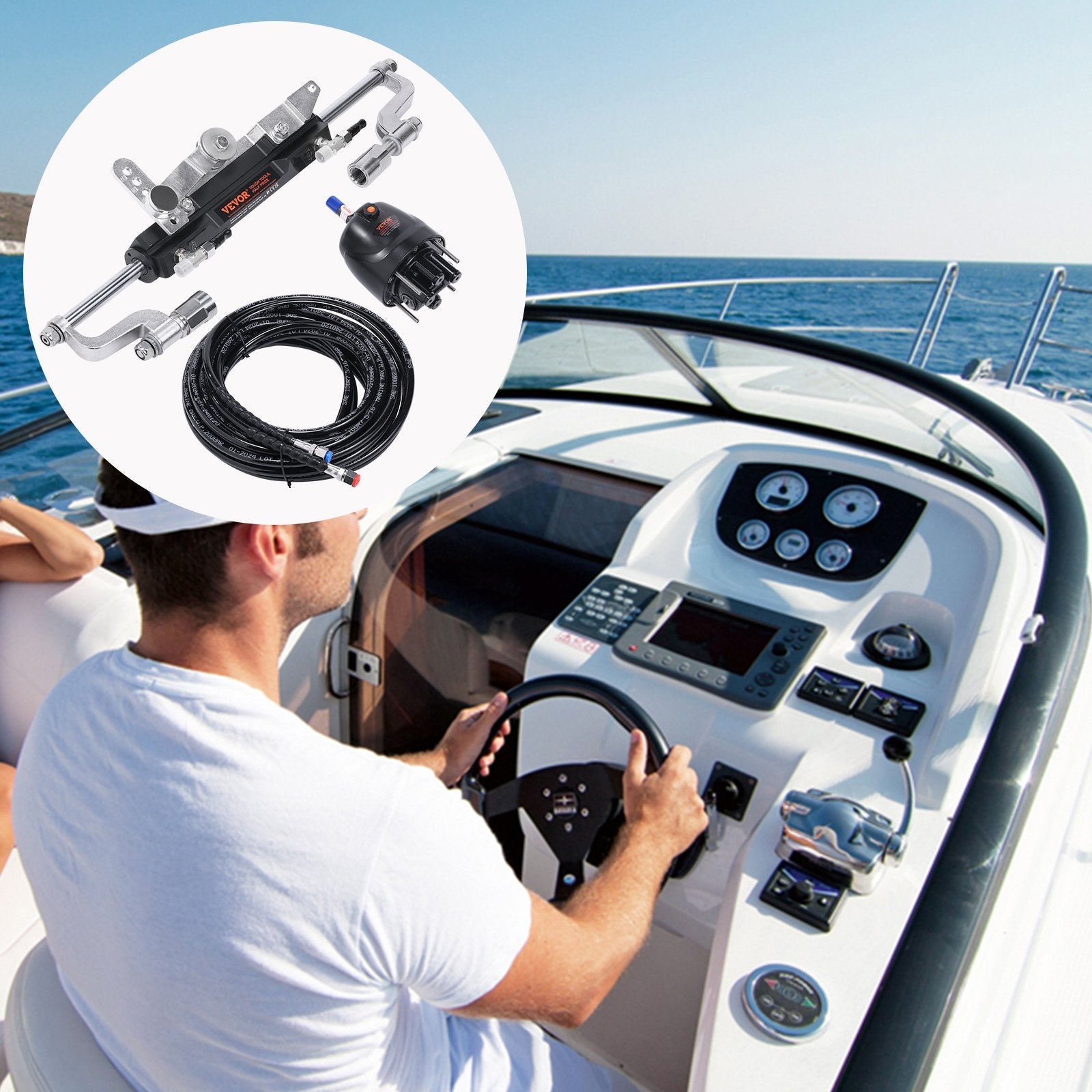 VEVOR Hydraulic Outboard Steering Kit, 300HP, Marine Boat Hydraulic Steering System, with Helm Pump Two-Way Lock Cylinder and 26 Feet Hydraulic Steering Hose, for Single Station Single-Engine Boats 