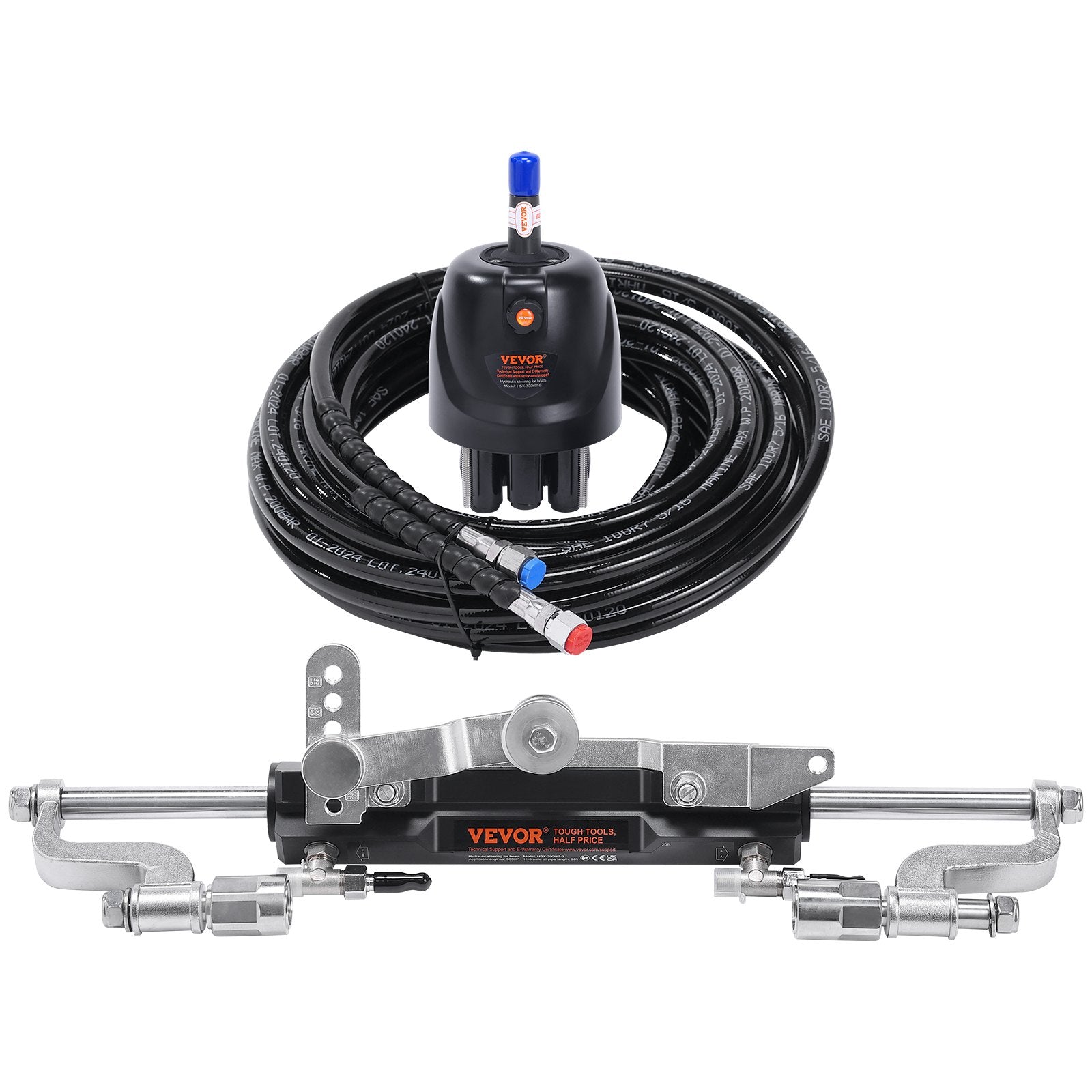 VEVOR Hydraulic Outboard Steering Kit, 300HP, Marine Boat Hydraulic Steering System, with Helm Pump Two-Way Lock Cylinder and 26 Feet Hydraulic Steering Hose, for Single Station Single-Engine Boats 