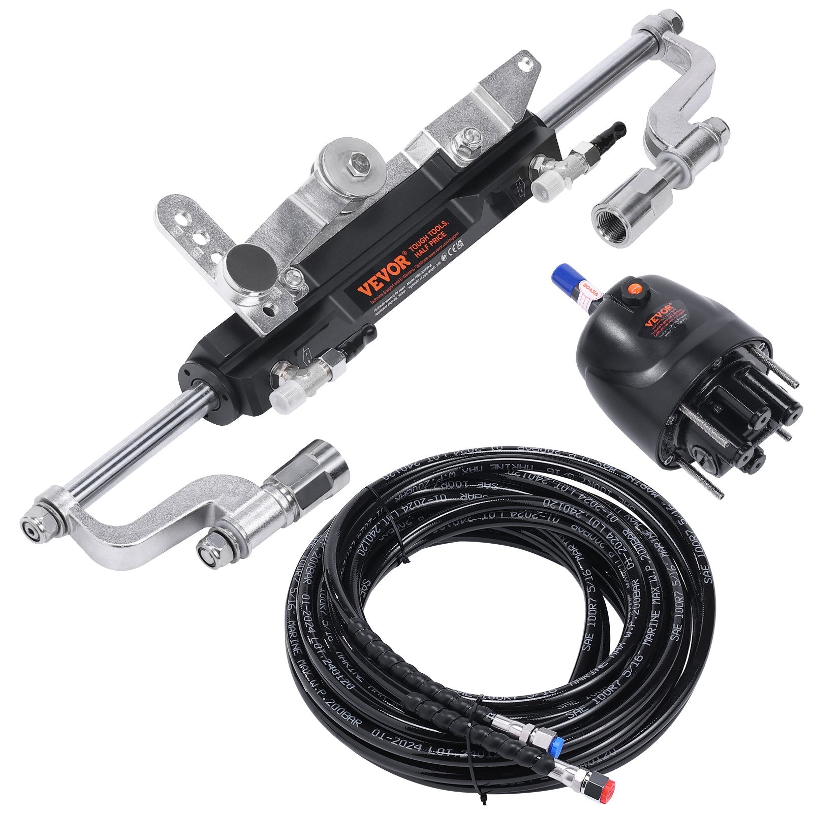VEVOR Hydraulic Outboard Steering Kit, 300HP, Marine Boat Hydraulic Steering System, with Helm Pump Two-Way Lock Cylinder and 26 Feet Hydraulic Steering Hose, for Single Station Single-Engine Boats 