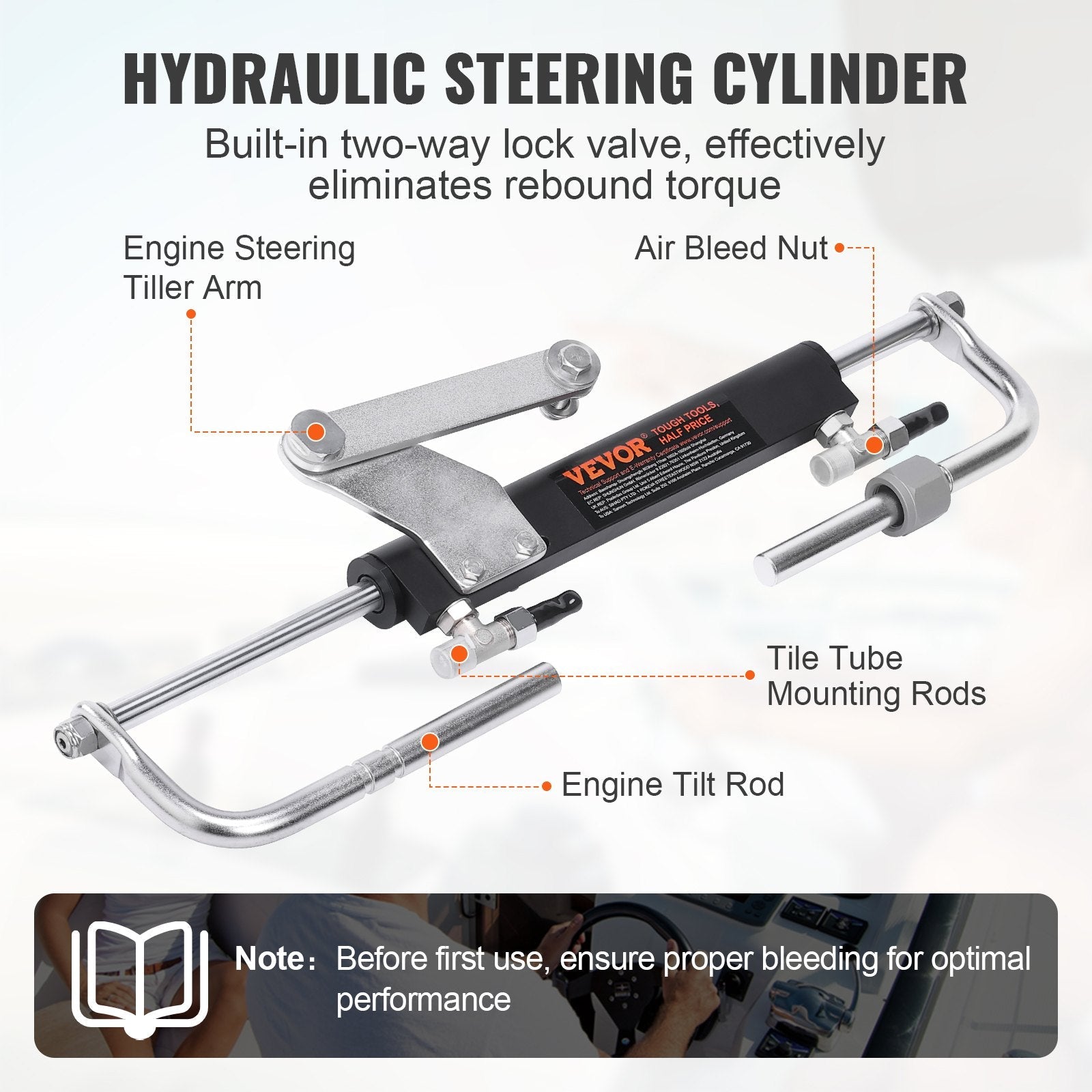 VEVOR Hydraulic Outboard Steering Kit, 90HP, Marine Boat Hydraulic Steering System, with Helm Pump Two-Way Lock Cylinder and 24 Feet Hydraulic Steering Hose, for Single Station Single-Engine Boats 