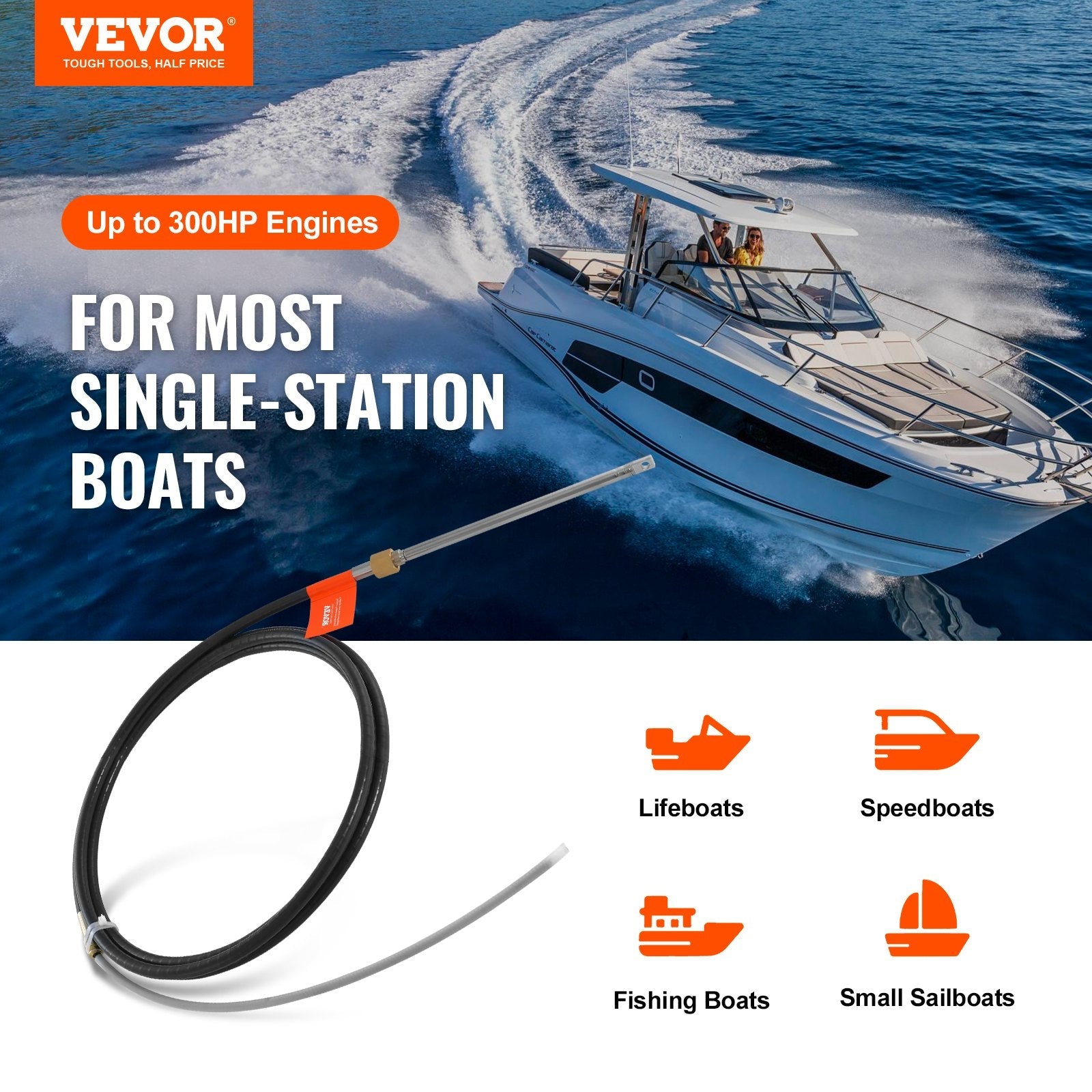 VEVOR Boat Steering Cable, 17 Feet Outboard Marine Rotary Steering Cable, 1/2 Ton High Tensile Strength, Replacement Steering Cable Compatible with Most Single-Station Outboard Steering Systems 