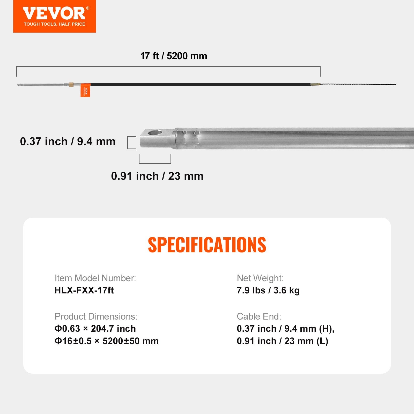VEVOR Boat Steering Cable, 17 Feet Outboard Marine Rotary Steering Cable, 1/2 Ton High Tensile Strength, Replacement Steering Cable Compatible with Most Single-Station Outboard Steering Systems 
