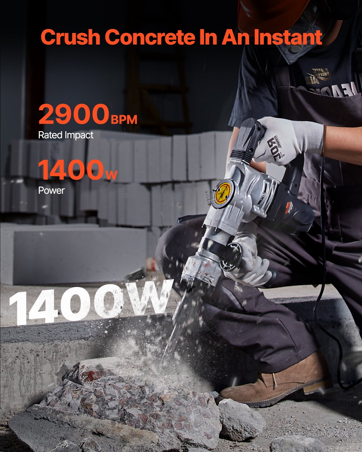 VEVOR Demolition Jack Hammer, 1400W Electric Jackhammer Heavy Duty, 2900 BPM Concrete Breaker, 2pcs Chisels Bits Chipping with Case, Gloves Black 