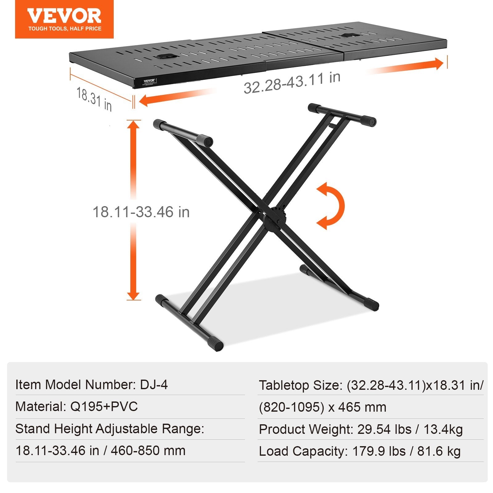 VEVOR Portable DJ Table with Double-X Braced Keyboard Stand Adjustable Height 