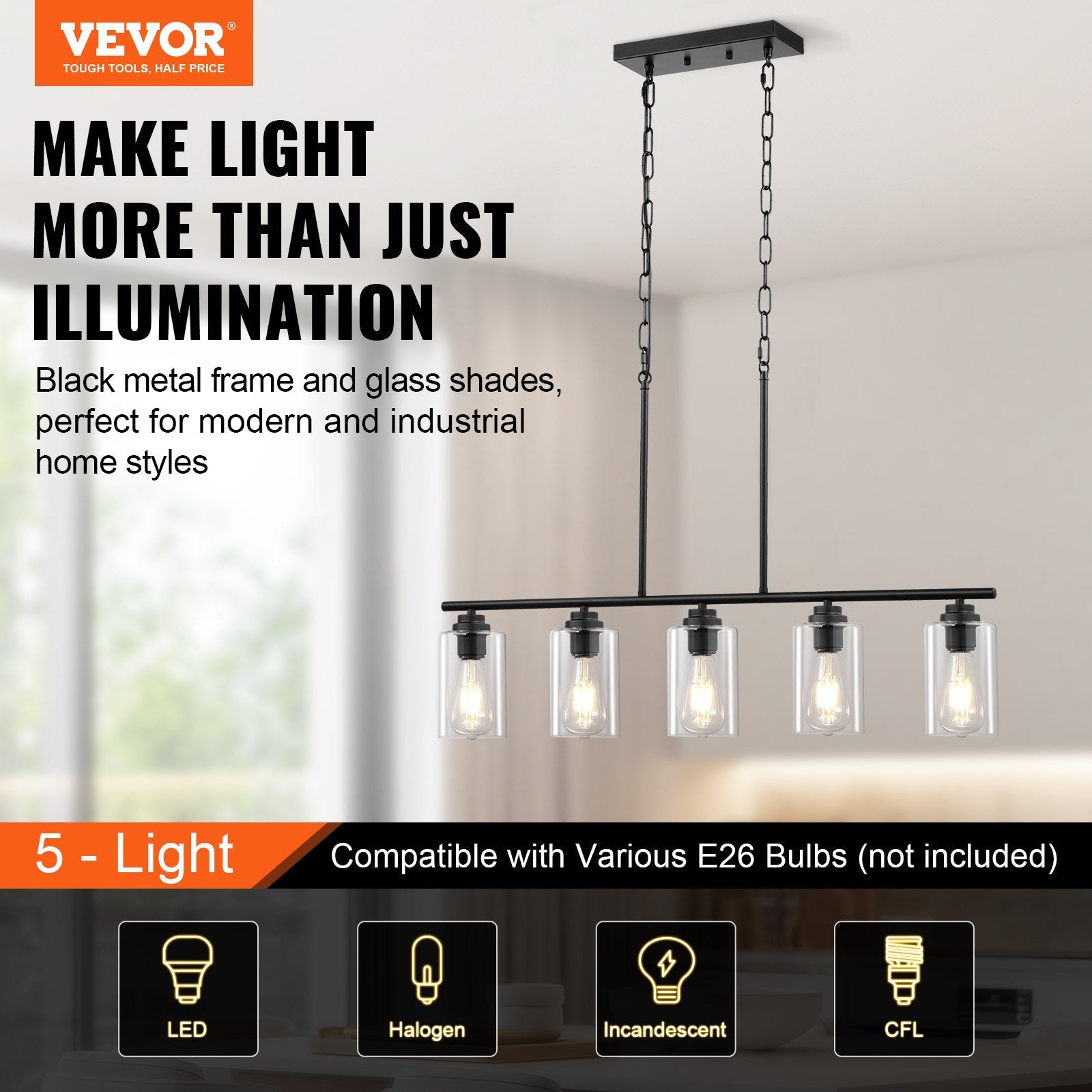 VEVOR 5-Light Kitchen Island Pendant Lights 60W Adjustable Dining Room Light E26 