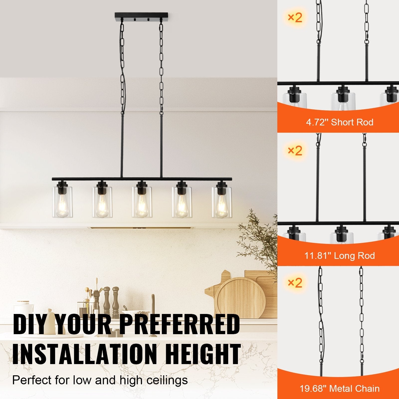 VEVOR 5-Light Kitchen Island Pendant Lights 60W Adjustable Dining Room Light E26 