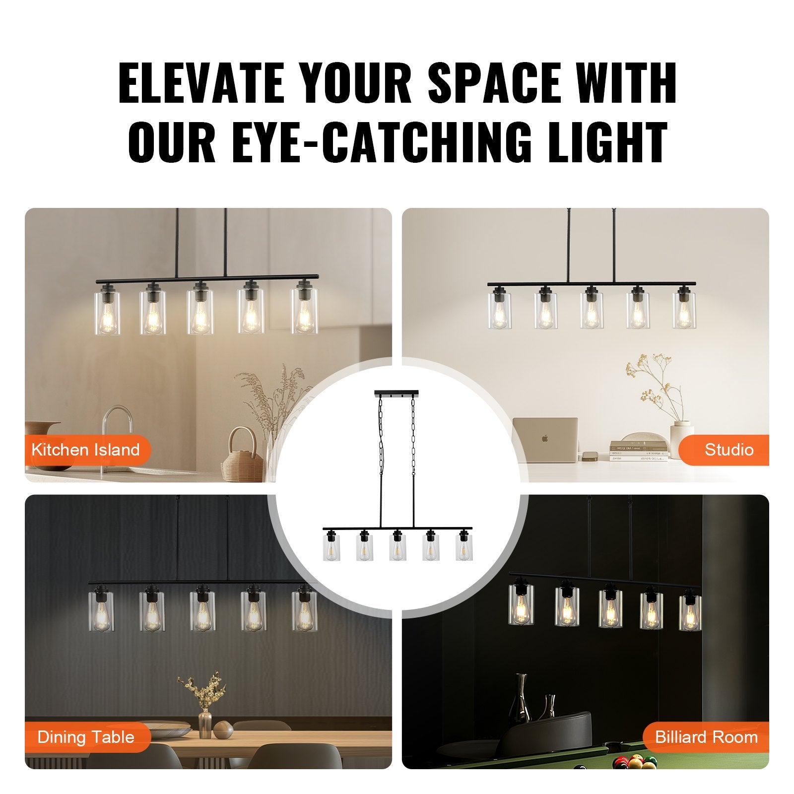 VEVOR 5-Light Kitchen Island Pendant Lights 60W Adjustable Dining Room Light E26 